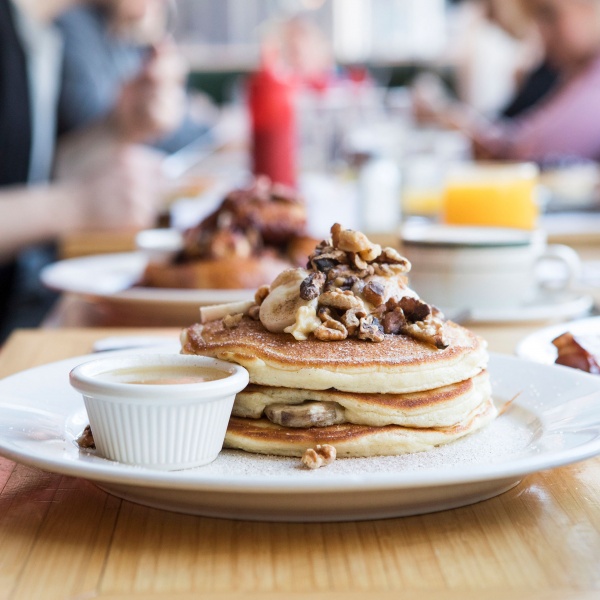 A stack of Banana Walnut Pancakes